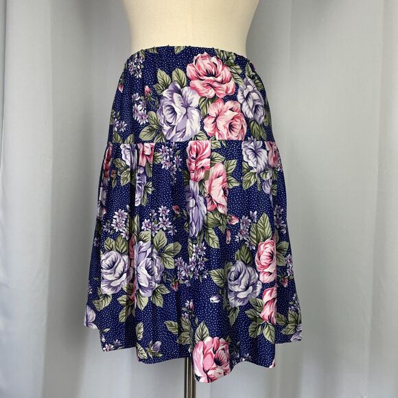 Vintage Pleated Skirt Womens Size 12 Navy Blue Rose Floral A Line Knee Length - Picture 5 of 14